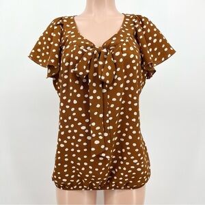 Sara Michelle Brown Crepe Dotted Bow Tie Flutter Sleeve Blouse Top Size Large